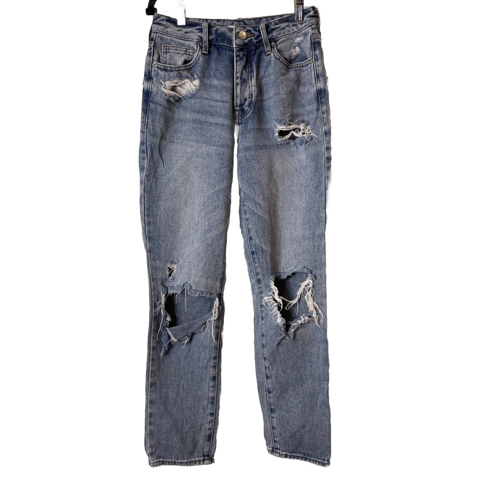 PacSun Womens 25 Blue Mom Jean‎ Thrashed High Waisted Straight Leg Denim Preppy